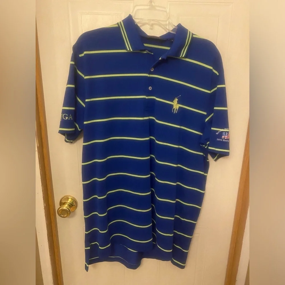 Ralph Lauren Men's Blue and Green Striped Performance Polo Shirt L